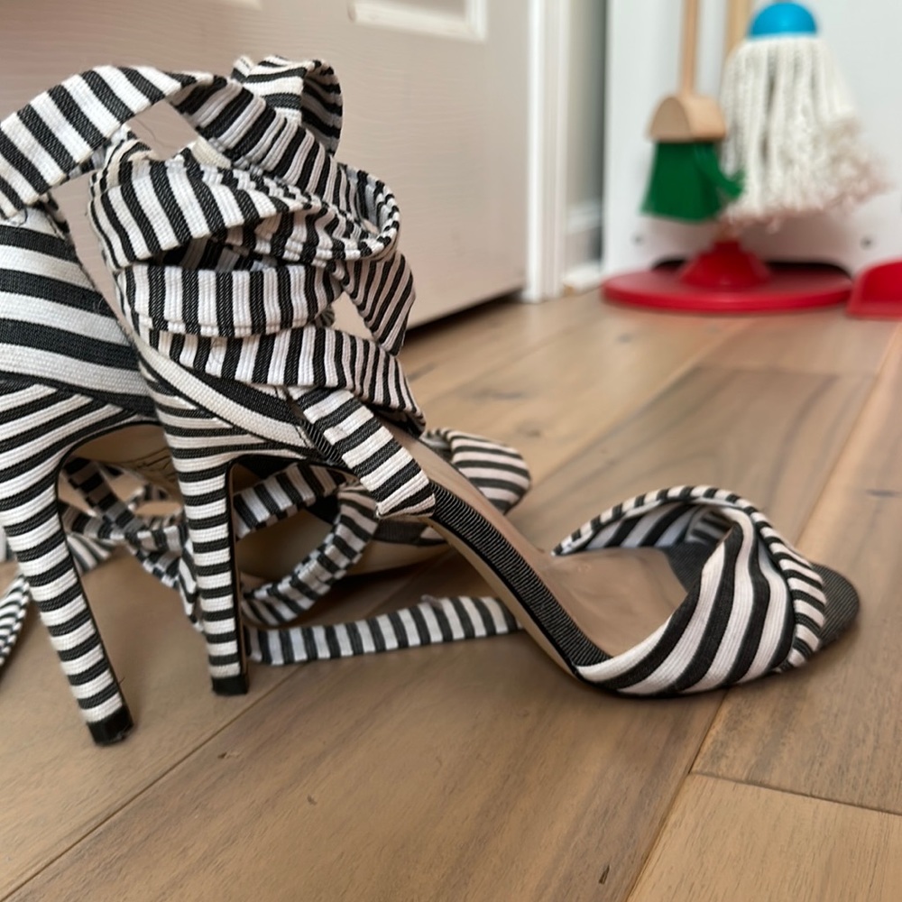 Gray and white striped tie up heels